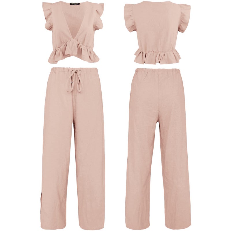FANCYINN 2 Pieces Summer Outfits for Women Deep V Neck Crop Top Side Slit Drawstring Wide Leg Pants Sets Jumpsuits Pink L - Image 5